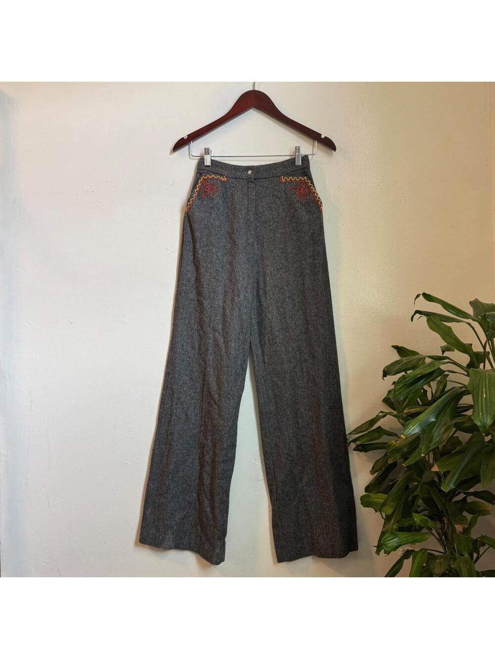 Vintage 70s Gray Wool High Waist Wide Leg Embroidered Boho western Pants 22"